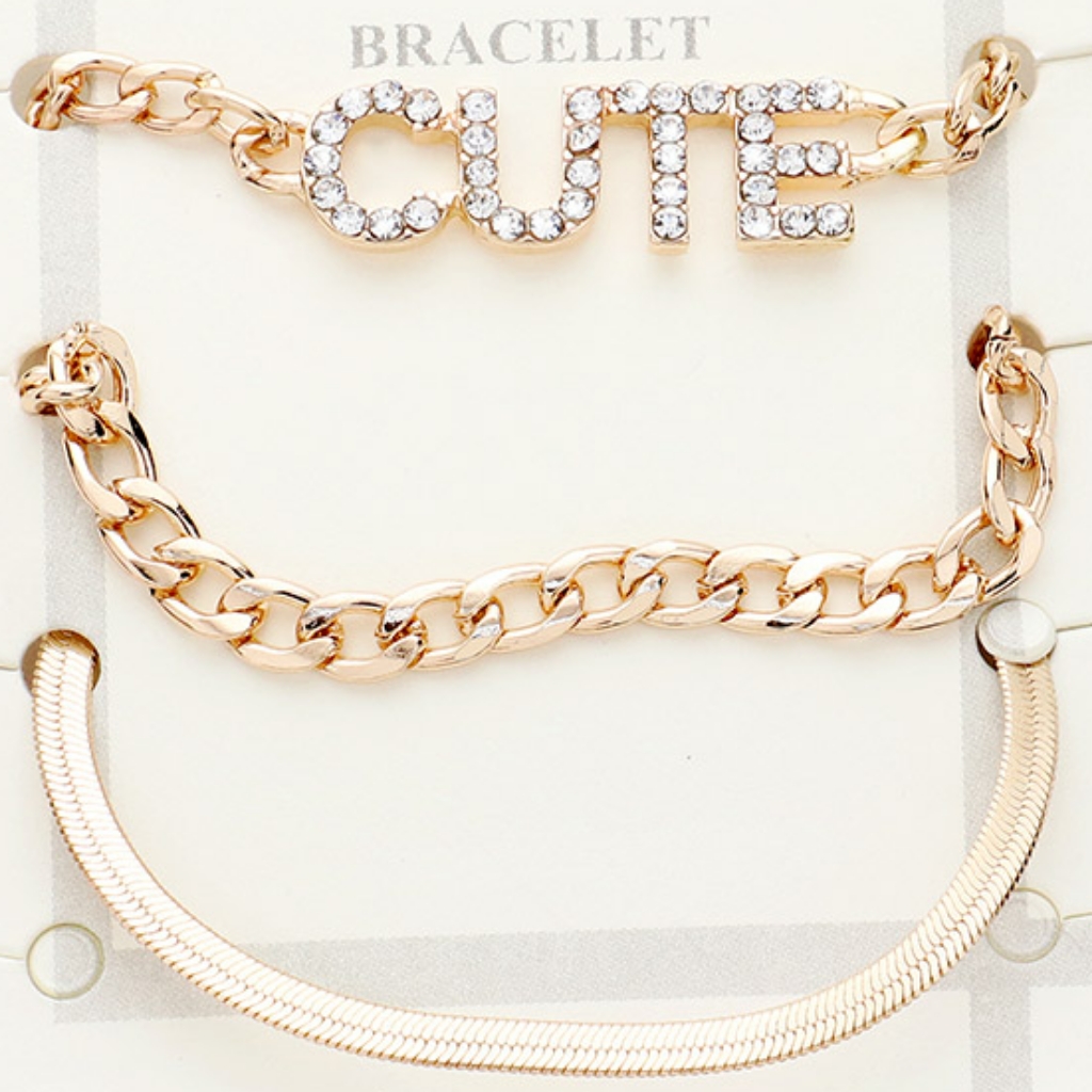 Gold Rhinestone Cute 3 Piece Layer Word Link Metal Chain Bracelet Set
